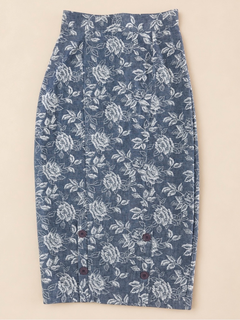 Vintage Blue Floral Cotton Pencil Skirt Made in Canada High Waist Small Medium